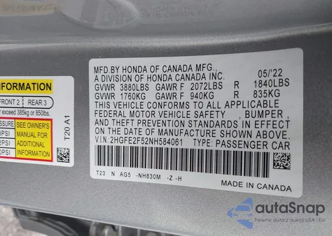 2022 Honda Civic Sport из США, поврежденный, VIN 2HGFE2F52NH584061